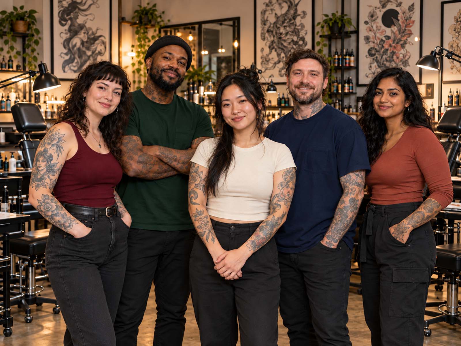 Five smiling tattoo artists wearing different colored shirts in a tattoo studio.