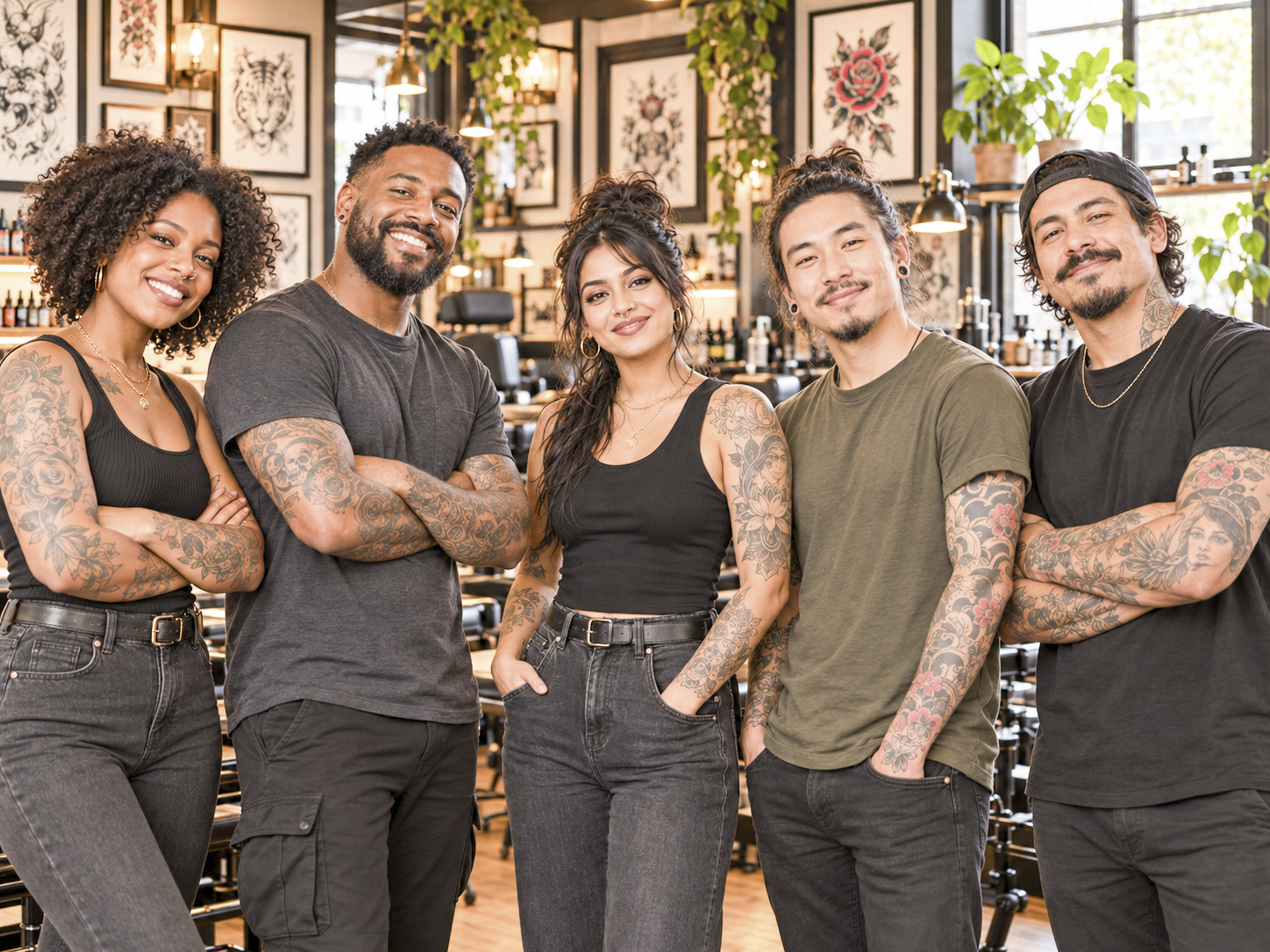 Five tattoo artists smiling together in a warm, welcoming tattoo studio.