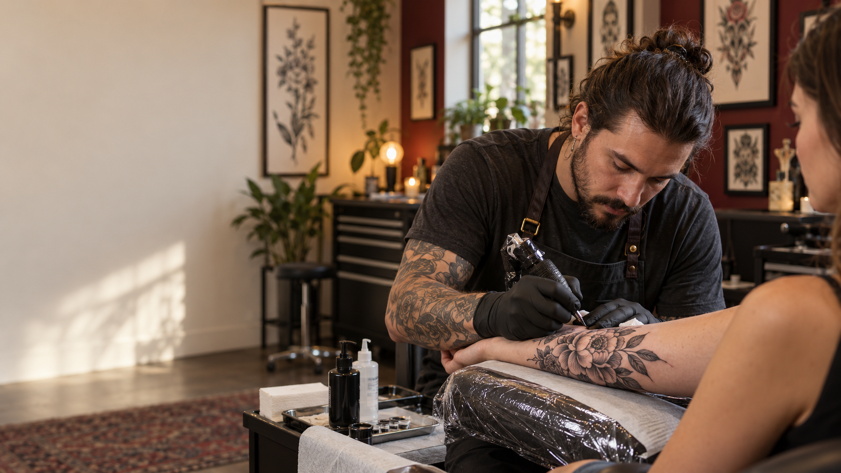 Tattoo artist creating a botanical forearm tattoo in a warm, modern studio.